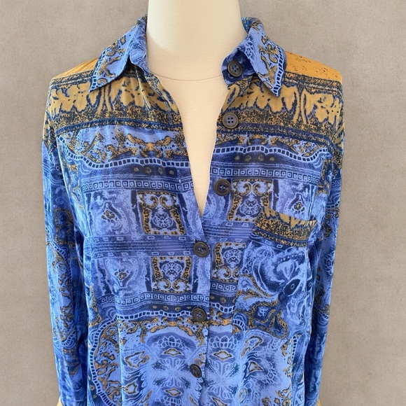 Coastal Semi Sheer Printed Long Sleeve Button Down Blouse - Picture 2 of 12